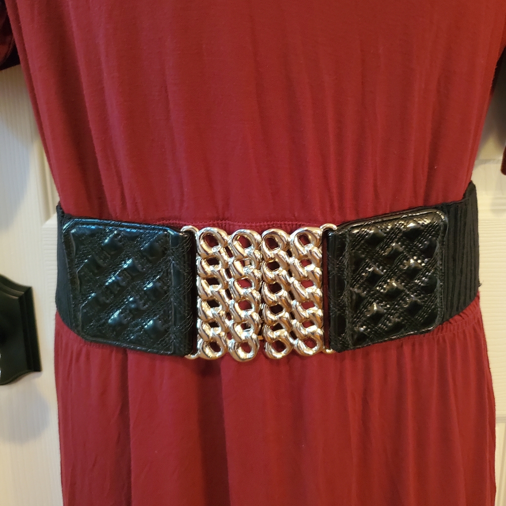 Black Elastic Accent Waist Belt Silver Interlocking Chain Buckle 33"